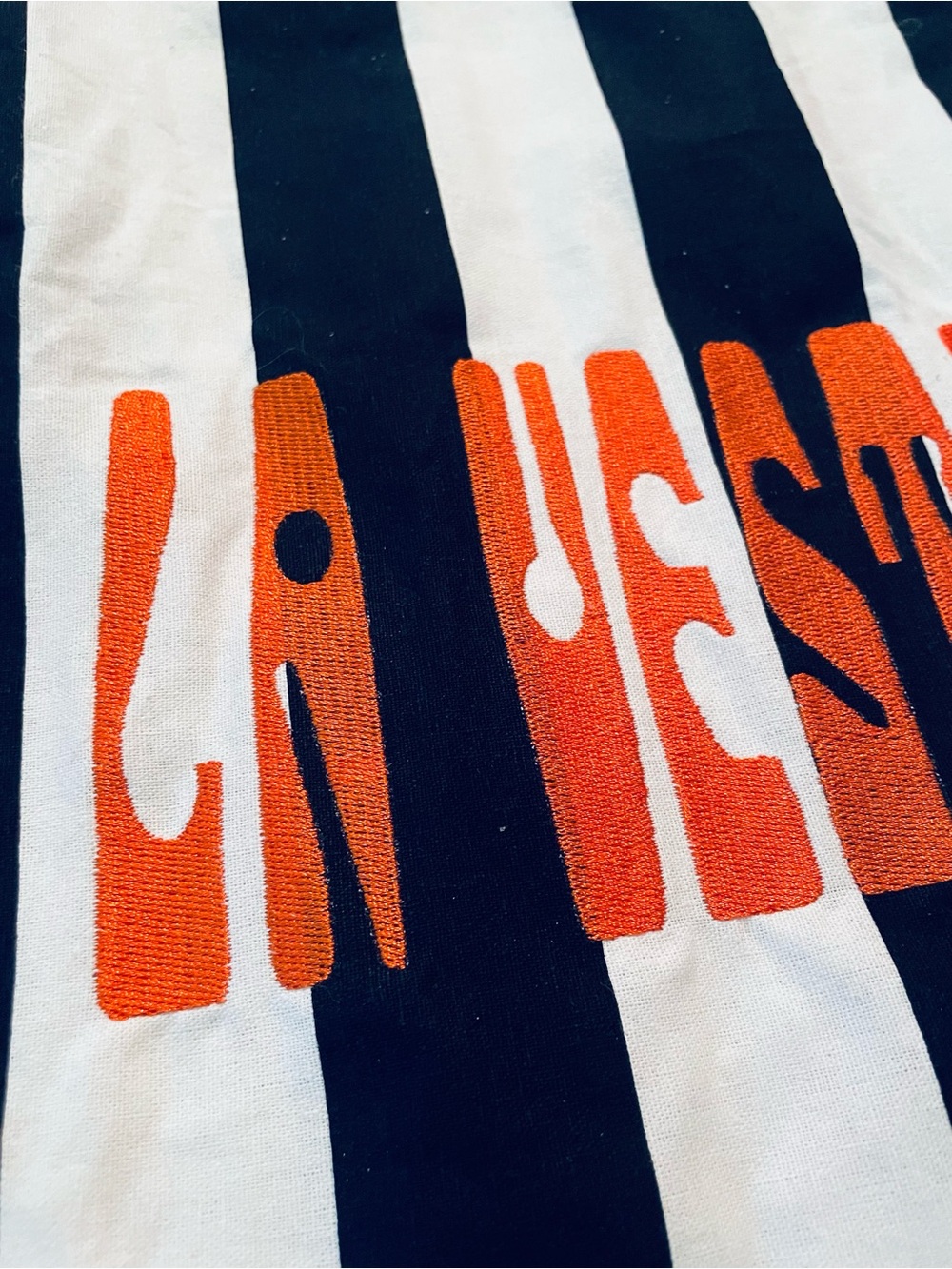 La Veste Tote Bag Navy/White Stripe Cotton Large Shopper W/ Orange Embroidery — image 4 of 6